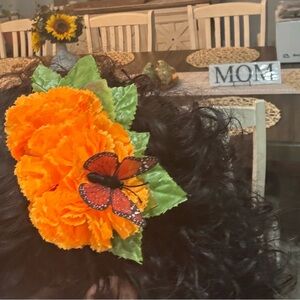 Dia de los muertos Hair Combs with Butterfly Accents and marigold flowers.